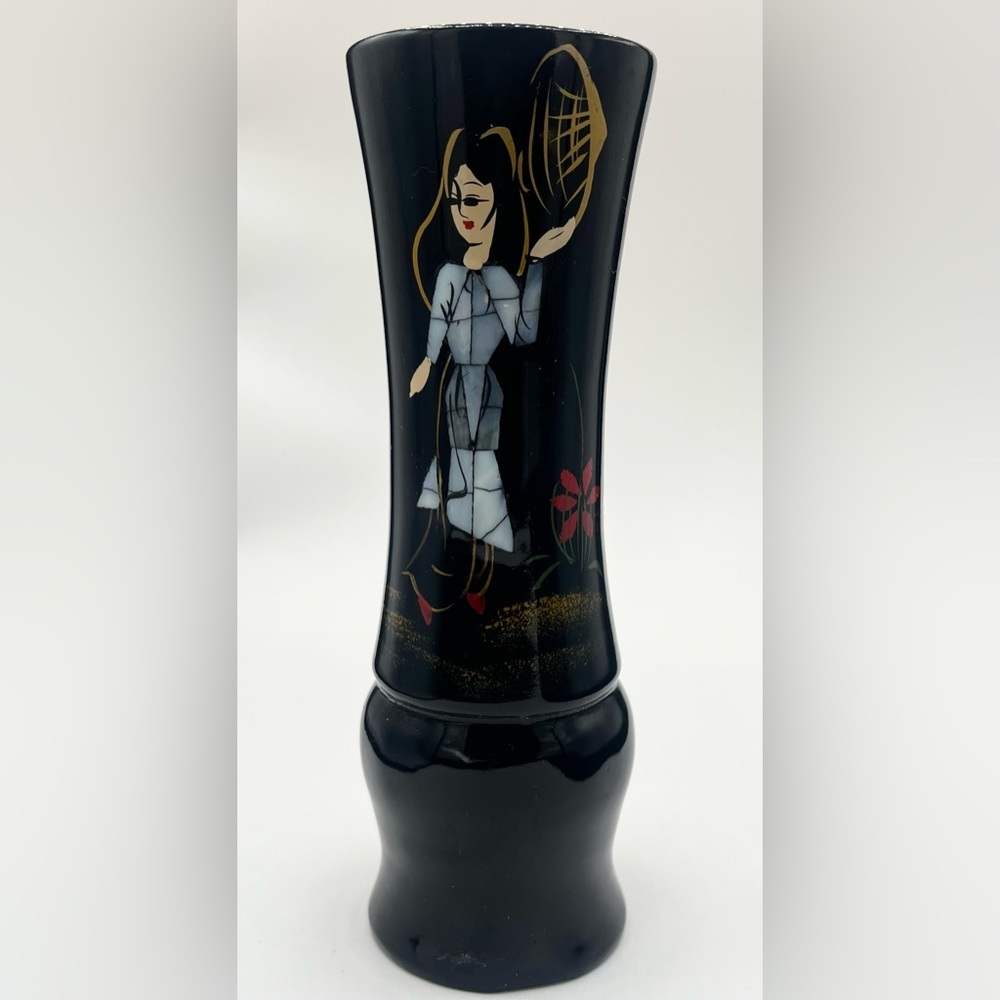Vintage Vase Black Hand Painted Lacquer Abalone Shell Inlay Fashion Women 7”